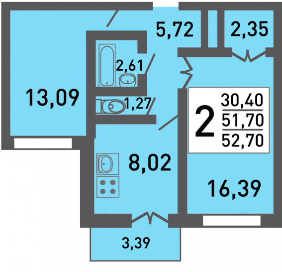 Двухкомнатная квартира 51 м²