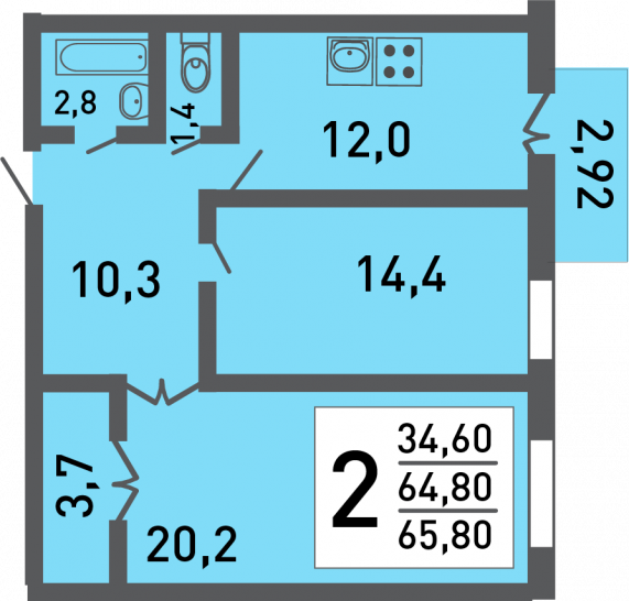 Двухкомнатная квартира 64 м²