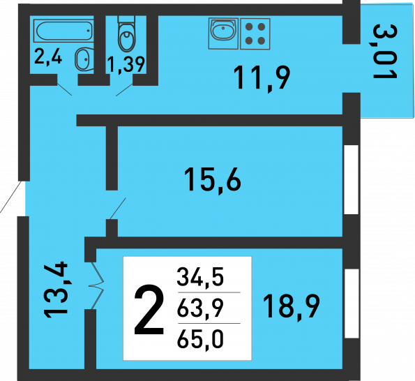 Двухкомнатная квартира 63 м²
