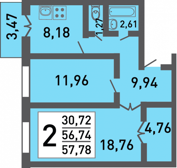 Двухкомнатная квартира 58 м²