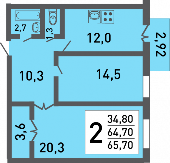 Двухкомнатная квартира 64 м²