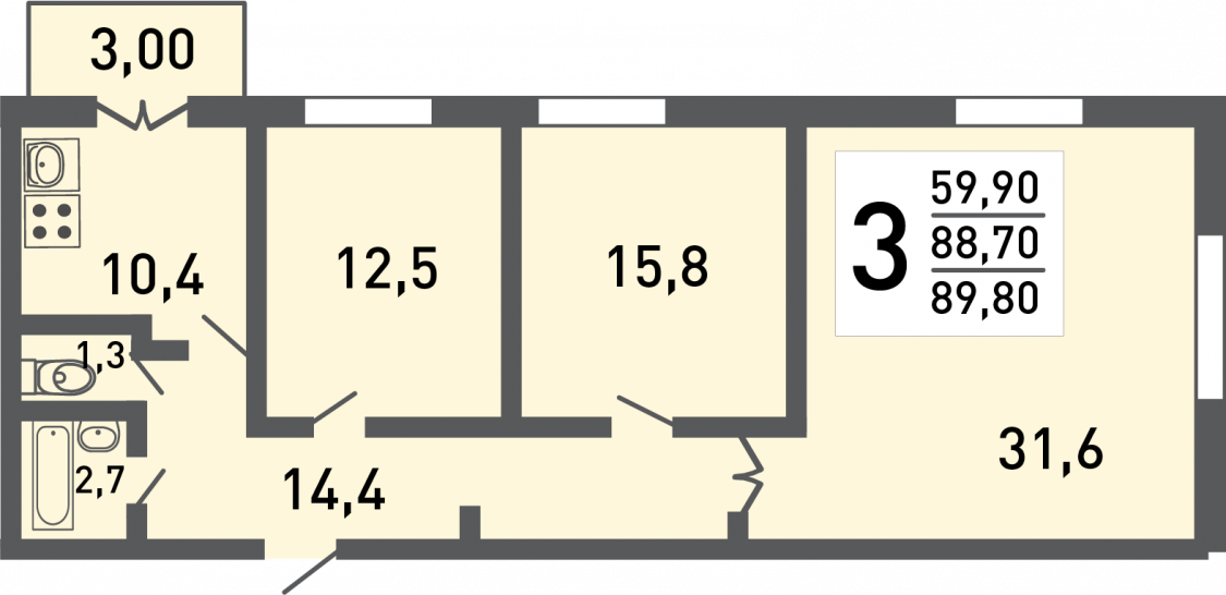 Трёхкомнатная квартира 88 м²