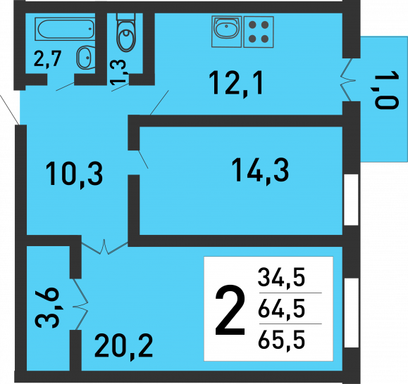 Двухкомнатная квартира 64 м²
